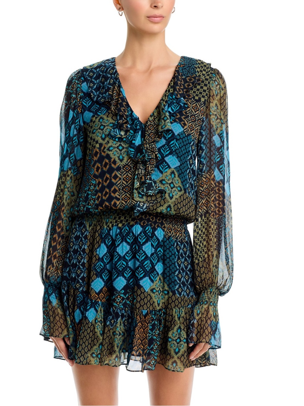 Ramy Brook V-Neck Ruffle Patchwork Print Mini Dress in Teal & Olive